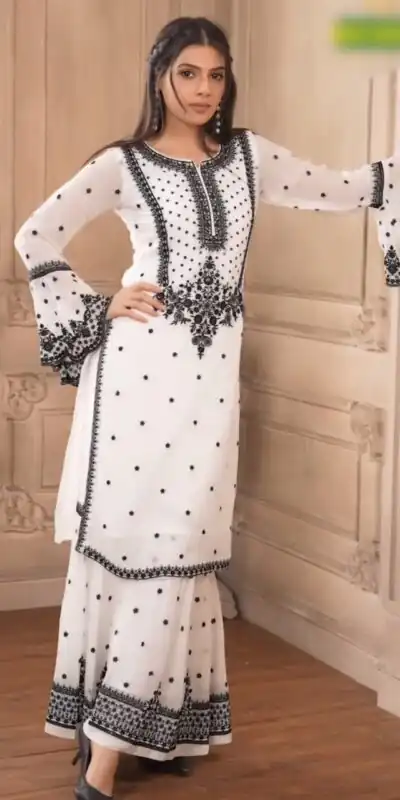 DC 111 White Fox Georgette Salwar Suit with Embroidery Work & Thread Embroidery. Available at ₹2449 only. Delivery 4-6 Working Days. Shop now. | Jump Suits, Tops & Bottoms, Track Suits, Trendy Wear, Salwar suit, Designer Suits, Casual Suits, Creative suits, Palazzo Suits, Party Wear Suits, Patiala Suits, Straight Suits