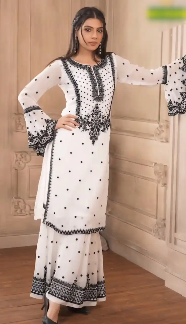 DC 111 White Fox Georgette Salwar Suit with Embroidery Work & Thread Embroidery. Available at ₹2449 only. Delivery 4-6 Working Days. Shop now. | Jump Suits, Tops & Bottoms, Track Suits, Trendy Wear, Salwar suit, Designer Suits, Casual Suits, Creative suits, Palazzo Suits, Party Wear Suits, Patiala Suits, Straight Suits