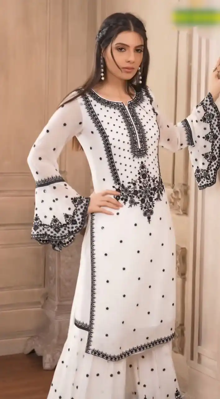 DC 111 White Fox Georgette Salwar Suit with Embroidery Work & Thread Embroidery. Available at ₹2449 only. Delivery 4-6 Working Days. Shop now. | Jump Suits, Tops & Bottoms, Track Suits, Trendy Wear, Salwar suit, Designer Suits, Casual Suits, Creative suits, Palazzo Suits, Party Wear Suits, Patiala Suits, Straight Suits