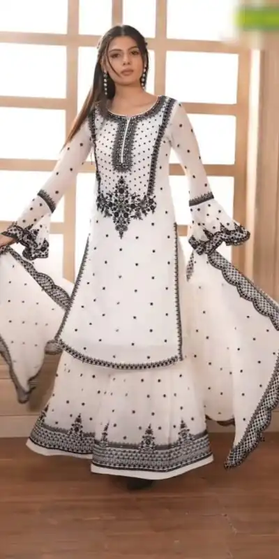 DC 111 White Fox Georgette Salwar Suit with Embroidery Work & Thread Embroidery. Available at ₹2449 only. Delivery 4-6 Working Days. Shop now. | Jump Suits, Tops & Bottoms, Track Suits, Trendy Wear, Salwar suit, Designer Suits, Casual Suits, Creative suits, Palazzo Suits, Party Wear Suits, Patiala Suits, Straight Suits