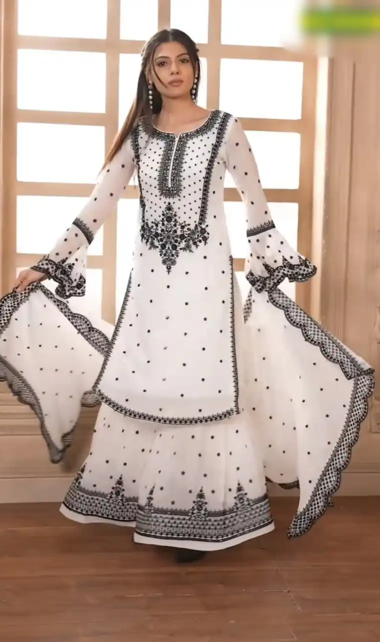 DC 111 White Fox Georgette Salwar Suit with Embroidery Work & Thread Embroidery. Available at ₹2449 only. Delivery 4-6 Working Days. Shop now. | Jump Suits, Tops & Bottoms, Track Suits, Trendy Wear, Salwar suit, Designer Suits, Casual Suits, Creative suits, Palazzo Suits, Party Wear Suits, Patiala Suits, Straight Suits