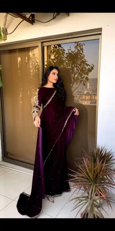ST 403 Wine in 9000 Velvet Embroidery Work & Lace Work Saree . Introductory Price ₹1999. Delivery 4-6 Working Days. Shop now. | Sarees, Bollywood Sarees, Creative Sarees, Designer Sarees, Embroidered Sarees, Ethnic Saree, Modern Digital sarees, Party Wear Sarees