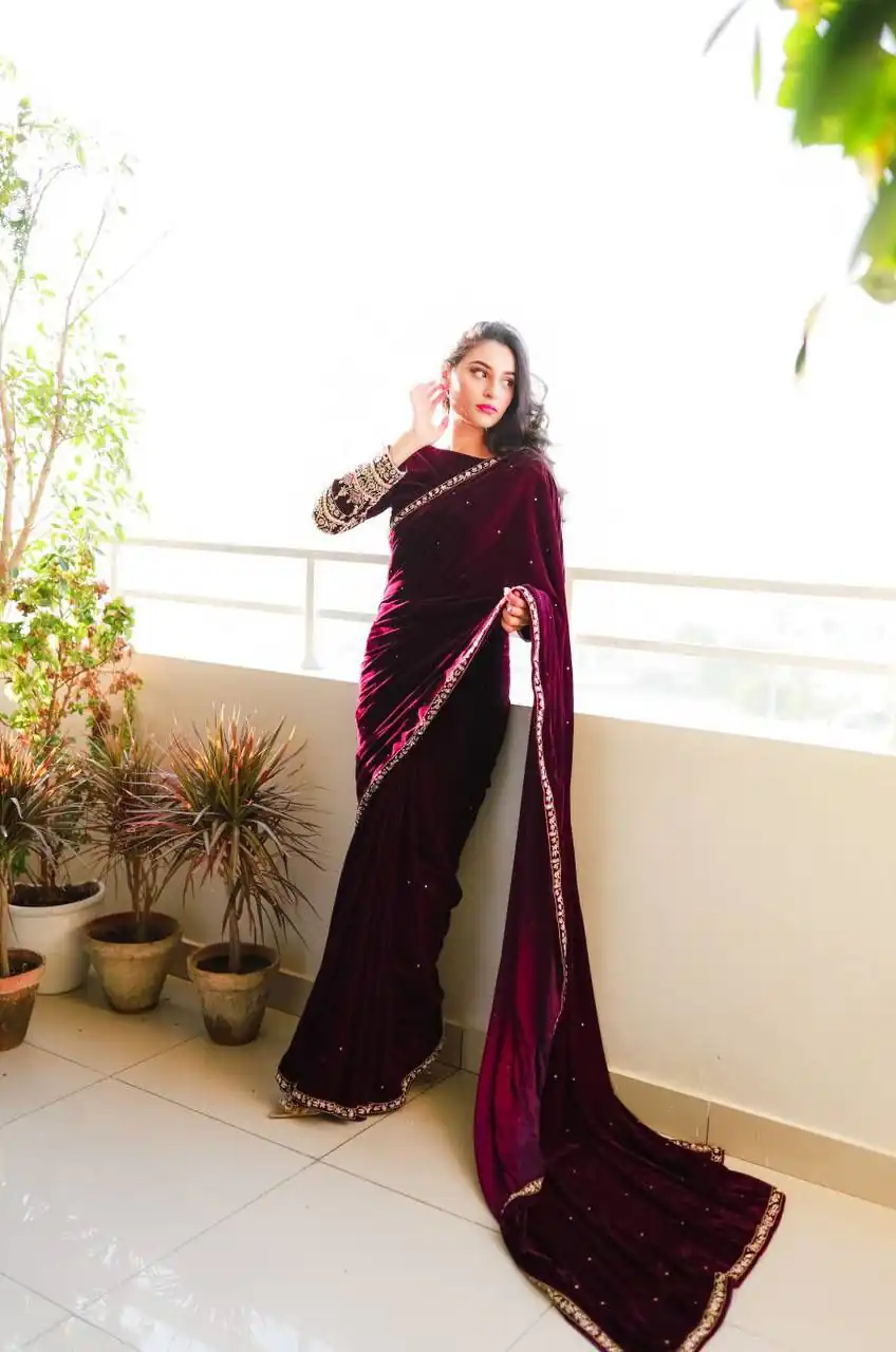 ST 403 Wine in 9000 Velvet Embroidery Work & Lace Work Saree . Introductory Price ₹1999. Delivery 4-6 Working Days. Shop now. | Sarees, Bollywood Sarees, Creative Sarees, Designer Sarees, Embroidered Sarees, Ethnic Saree, Modern Digital sarees, Party Wear Sarees