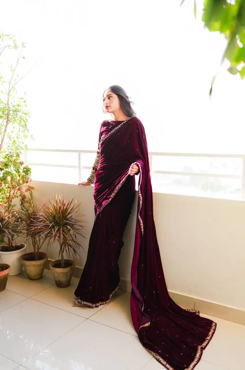 ST 403 Wine in 9000 Velvet Embroidery Work & Lace Work Saree . Introductory Price ₹1999. Delivery 4-6 Working Days. Shop now. | Sarees, Bollywood Sarees, Creative Sarees, Designer Sarees, Embroidered Sarees, Ethnic Saree, Modern Digital sarees, Party Wear Sarees