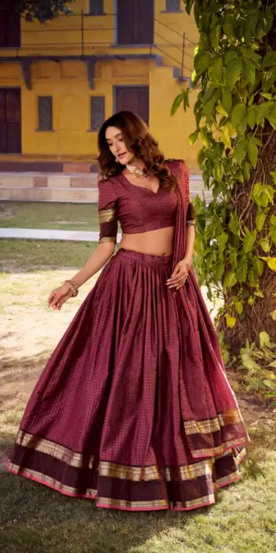 LNB 1900 Wine Color Chettinad Cotton Chex Zari Work Lehenga Choli . Now at just ₹3249. Delivery 4-6 Working Days. Shop now. | Lehenga, Bollywood Lehenga, Creative Lehenga, Designer Lehenga, Embroidered Lehenga, Party Wear Lehenga