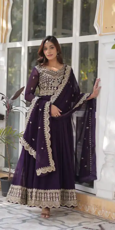 KA 1137 Wine Color Faux Blooming Gown with Embroidery Work & Zari Work. Best Price ₹2599. Delivery 4-6 Working Days. Shop now. | Gowns, Bollywood Gowns, Creative Gowns, Designer Gowns, Embroidered Gowns, Party Wear Gowns