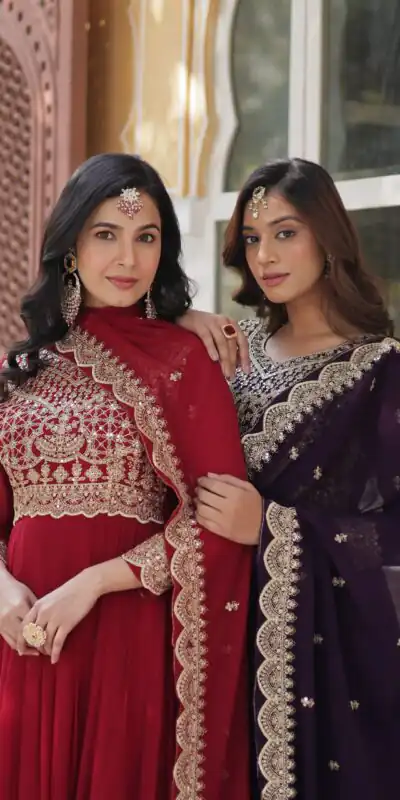 KA 1137 Wine Color Faux Blooming Gown with Embroidery Work & Zari Work. Best Price ₹2599. Delivery 4-6 Working Days. Shop now. | Gowns, Bollywood Gowns, Creative Gowns, Designer Gowns, Embroidered Gowns, Party Wear Gowns