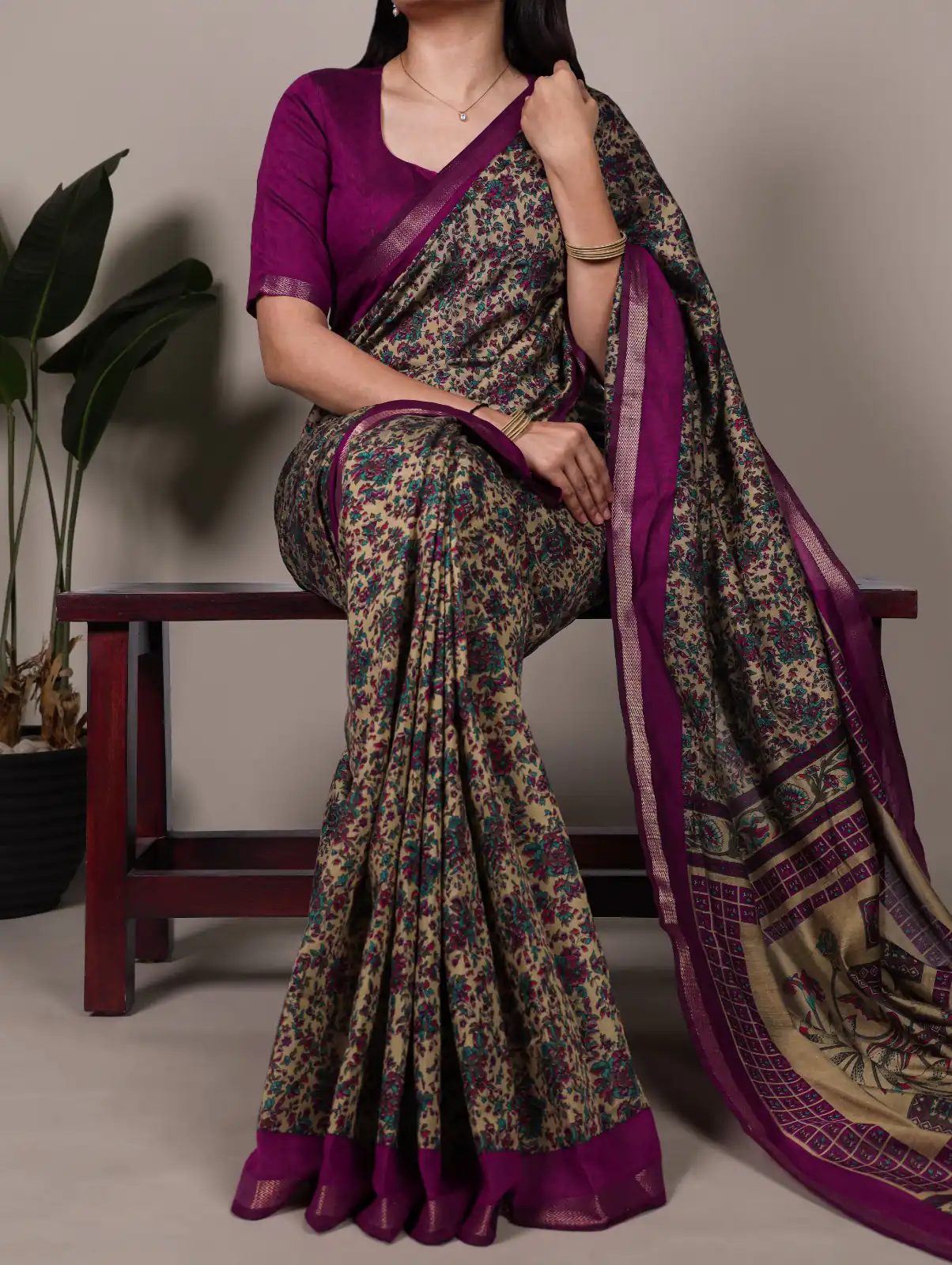 Wine Polyester Viscose Chanderi Zari Work Saree