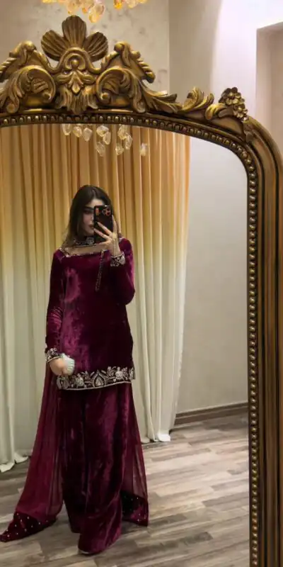 KD 1545 Wine Viscose Velvet Salwar Suit Perfect for Wedding, Party, Makar Sankranti, Housewarming, Family Gatherings – . Now at just ₹2049. Delivery 4- | Jump Suits, Salwar suit, Designer Suits, Casual Suits, Creative suits, Palazzo Suits, Party Wear Suits, Patiala Suits, Straight Suits