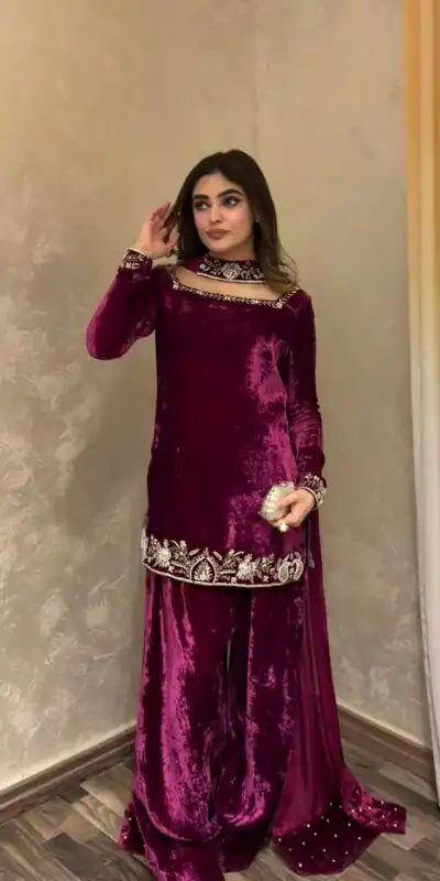 KD 1545 Wine Viscose Velvet Salwar Suit Perfect for Wedding, Party, Makar Sankranti, Housewarming, Family Gatherings – . Now at just ₹2049. Delivery 4- | Jump Suits, Salwar suit, Designer Suits, Casual Suits, Creative suits, Palazzo Suits, Party Wear Suits, Patiala Suits, Straight Suits