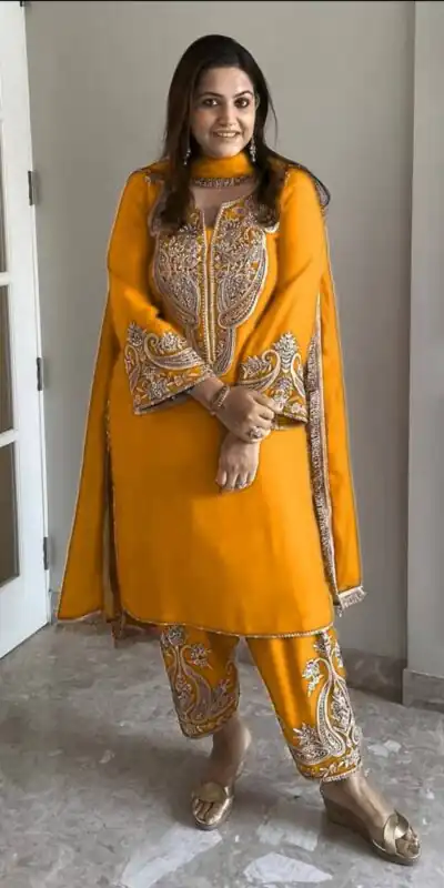 ZSR 3097 Yellow Pure Chinnon Silk With Embroidery Sequence Work With Full Sleeve Salwar Suit Wedding, Party, Festive, Events Exclusive Offer ₹1899. D | Jump Suits, Tops & Bottoms, Track Suits, Trendy Wear, Salwar suit, Designer Suits, Casual Suits, Creative suits, Palazzo Suits, Party Wear Suits, Patiala Suits, Straight Suits