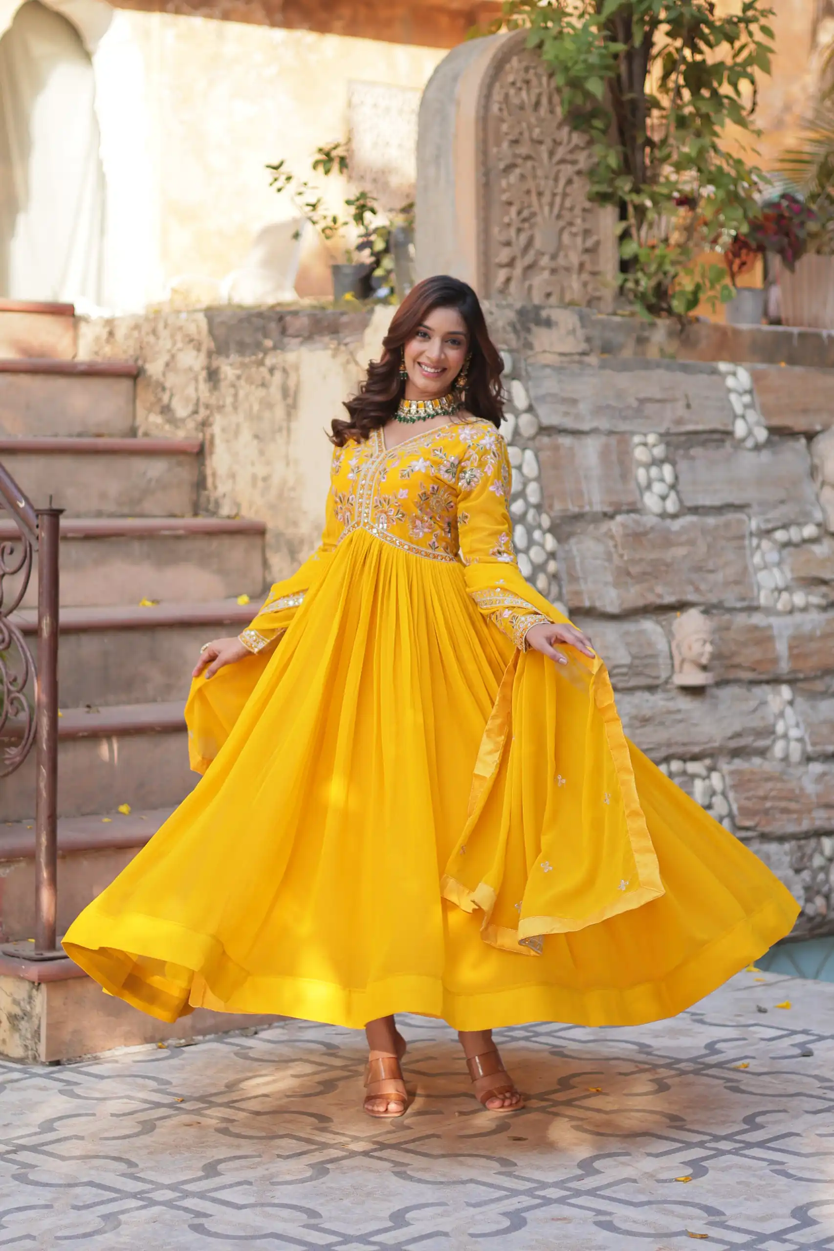 KA 1147 Yellow in Color Faux Blooming Embroidery Work & Zari Work Gown . Grab it for ₹2049. Delivery 4-6 Working Days. Shop now. | Gowns, Bollywood Gowns, Creative Gowns, Designer Gowns, Embroidered Gowns, Party Wear Gowns