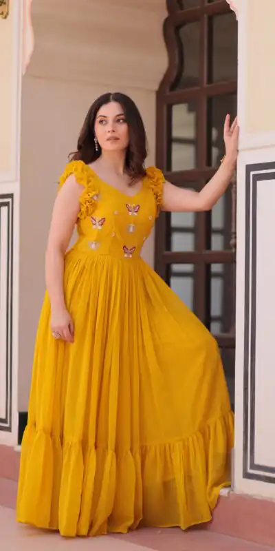 KA 1174 Yellow Faux Blooming Gown Perfect for Wedding, Party, Housewarming, Baby Shower, Raksha Bandhan – . Now at just ₹1699. Delivery 4-6 Working Dasy | Gowns, Bollywood Gowns, Creative Gowns, Designer Gowns, Embroidered Gowns, Party Wear Gowns