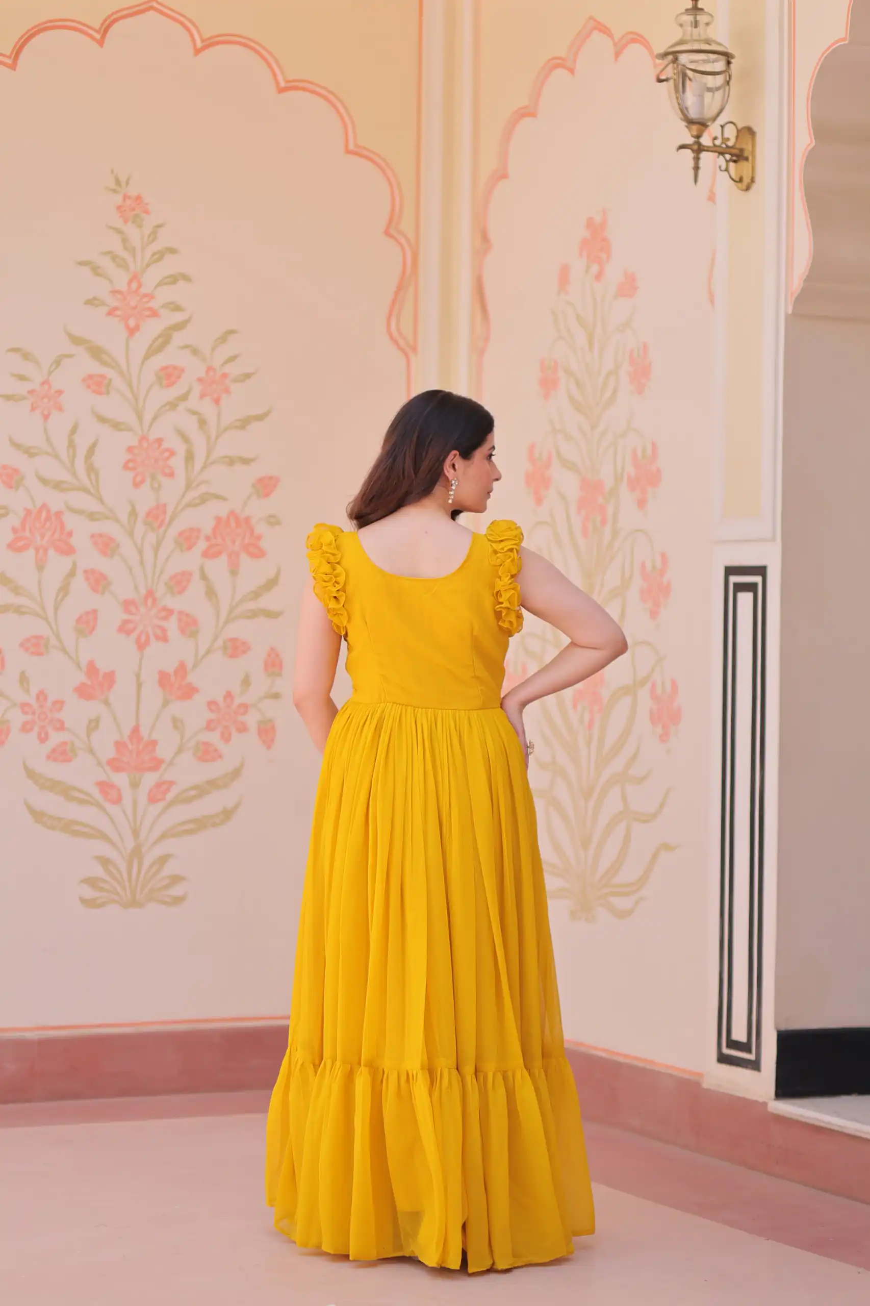 KA 1174 Yellow Faux Blooming Gown Perfect for Wedding, Party, Housewarming, Baby Shower, Raksha Bandhan – . Now at just ₹1699. Delivery 4-6 Working Dasy | Gowns, Bollywood Gowns, Creative Gowns, Designer Gowns, Embroidered Gowns, Party Wear Gowns