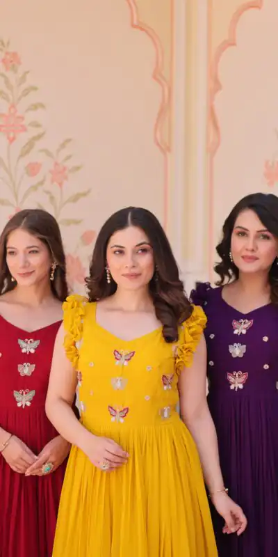 KA 1174 Yellow Faux Blooming Gown Perfect for Wedding, Party, Housewarming, Baby Shower, Raksha Bandhan – . Now at just ₹1699. Delivery 4-6 Working Dasy | Gowns, Bollywood Gowns, Creative Gowns, Designer Gowns, Embroidered Gowns, Party Wear Gowns