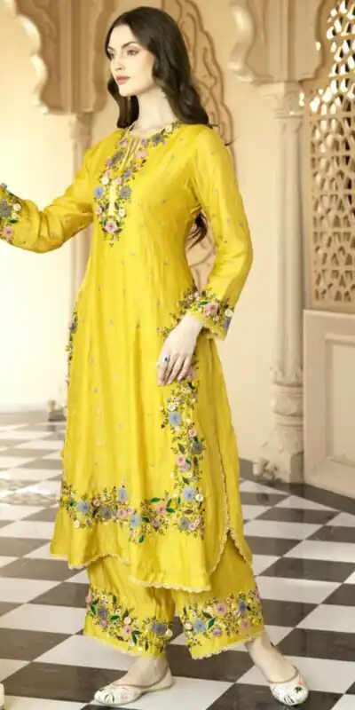 Yellow Faux Georgette Embroidery Lace Work Salwar Suit
