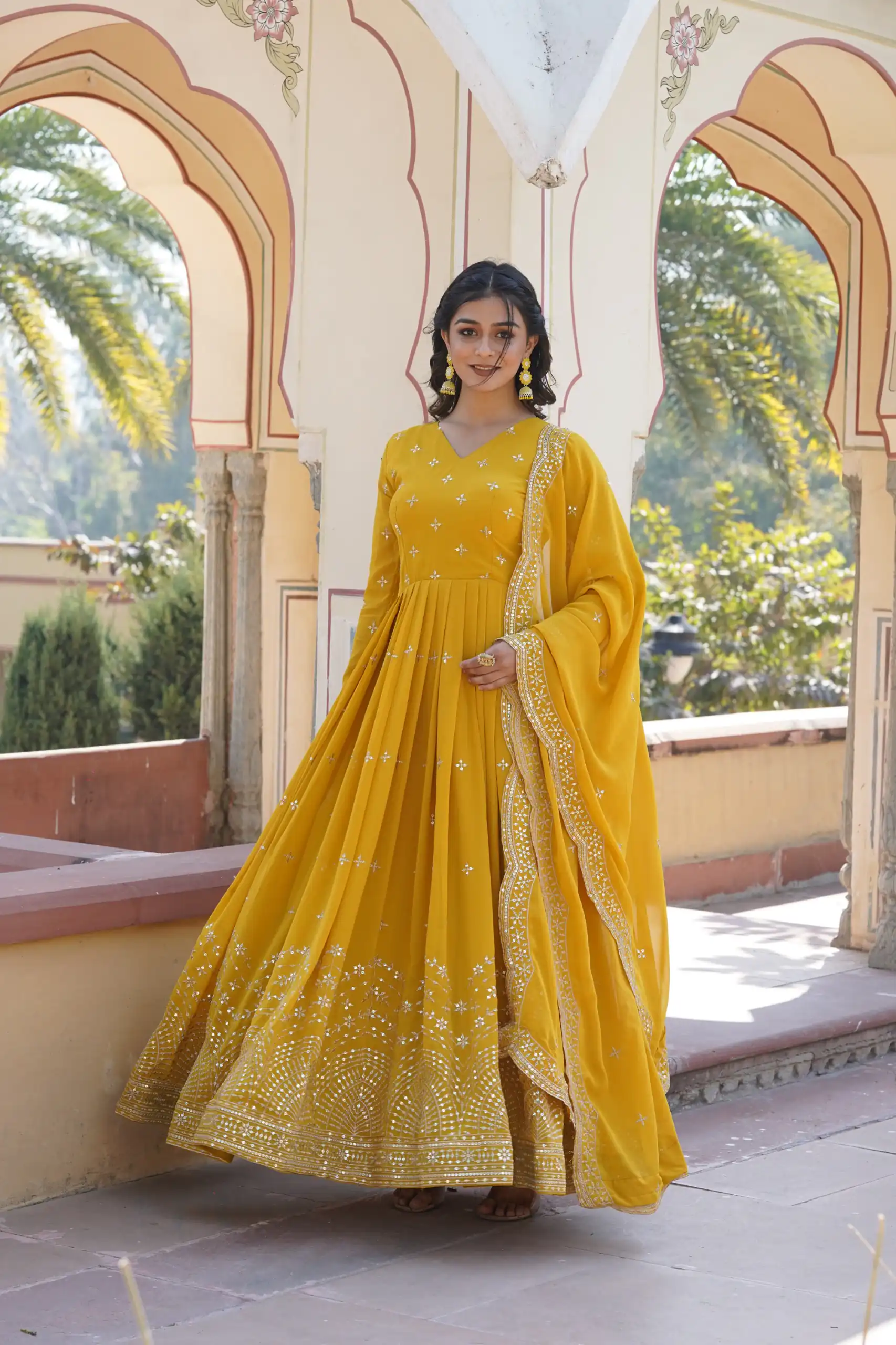 KA 1084 Yellow Faux Georgette Gown Perfect for Wedding, Party, Pooja, Festival Celebrations, Bridal Wear – . Festive Deal ₹2649. Delivery 4-6 Working | Gowns, Bollywood Gowns, Creative Gowns, Designer Gowns, Embroidered Gowns, Party Wear Gowns