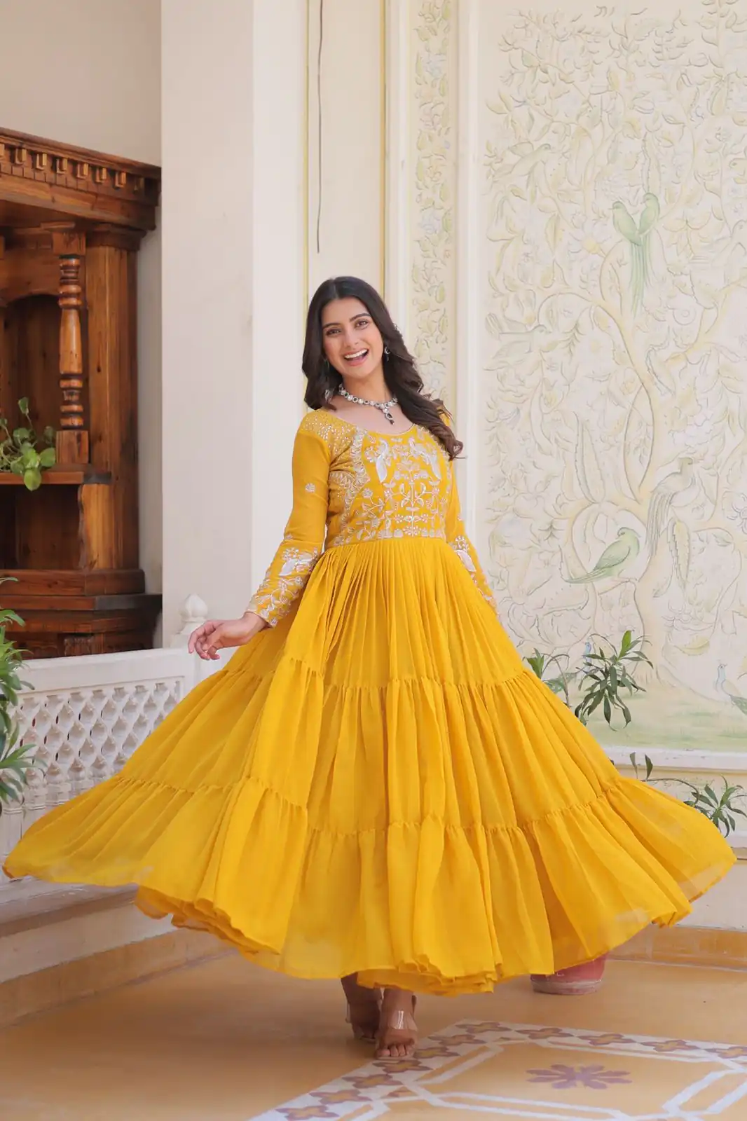 Ram 083 Yellow Fox Georgette Sequence Work Gown . Wedding, Party, Festive, Events Grab it for ₹1749. Delivery 4-6 Working Days. Shop now. | Gowns, Bollywood Gowns, Creative Gowns, Designer Gowns, Embroidered Gowns, Party Wear Gowns