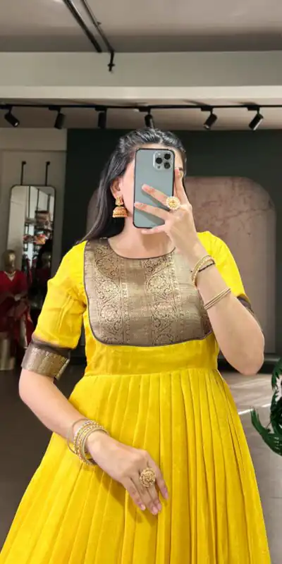 YNF 5012 Yellow Mass Mello Gown with Zari Work. Available at ₹1799 only. Wedding, Party, Festive, Events Delivery 4-6 Working Days. Shop now. | Gowns, Bollywood Gowns, Creative Gowns, Designer Gowns, Embroidered Gowns, Party Wear Gowns