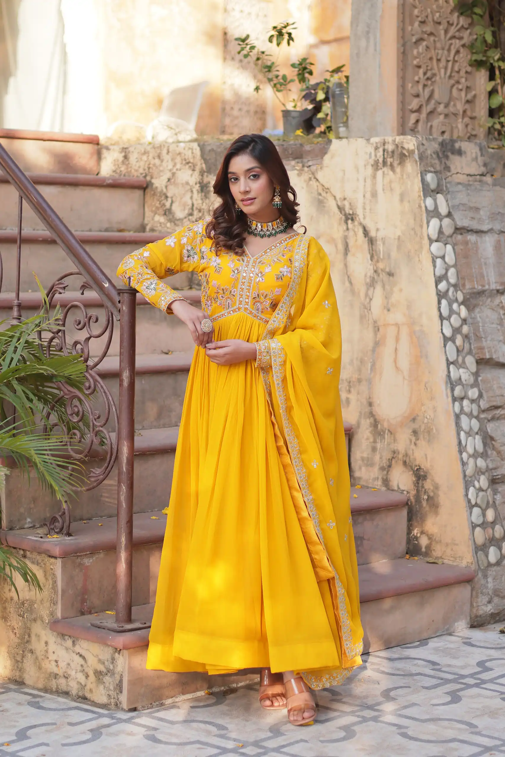 Yellow Faux Blooming Sequins Zari Work Gown - Image 3