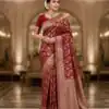 Red Litchi Silk Embroidery Lace Work Saree