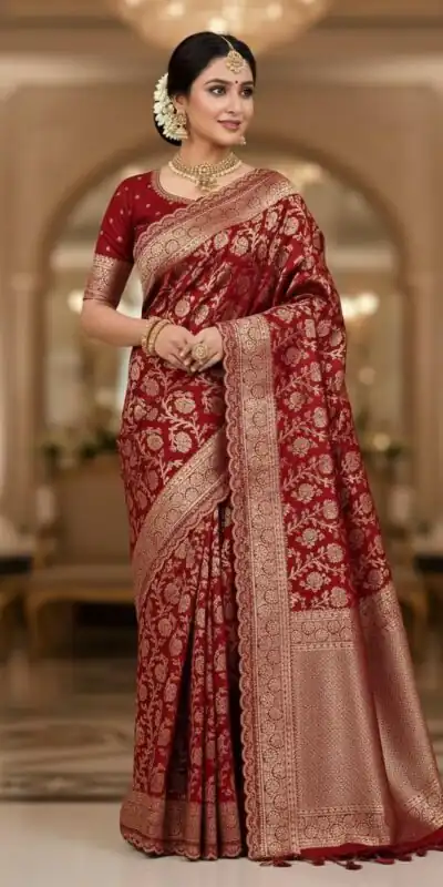 Red Litchi Silk Embroidery Lace Work Saree
