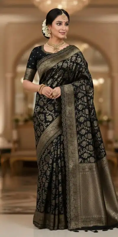Black Litchi Silk Embroidery Lace Work Saree