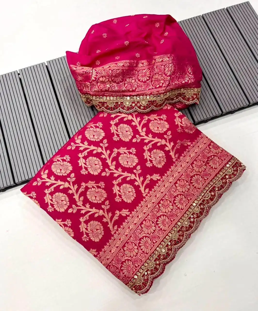 Pink Litchi Silk Embroidery Lace Work Saree - Image 2