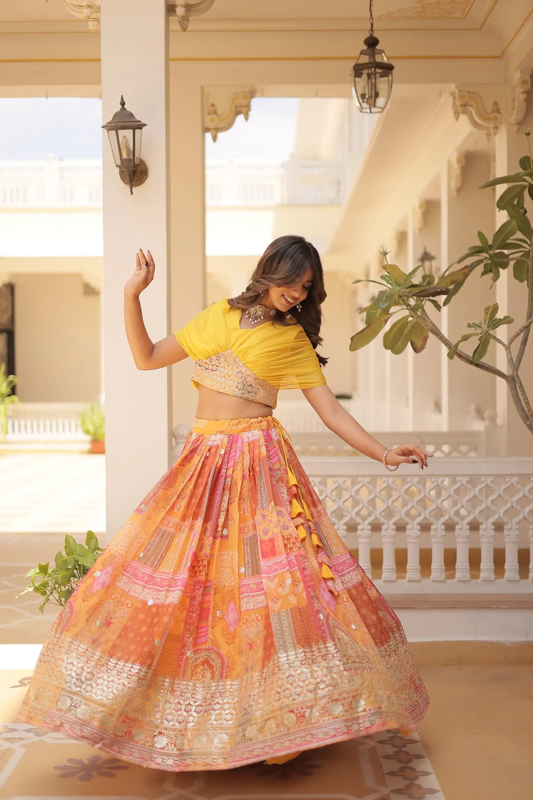 Yellow Russian Silk Embroidery Work Lehenga Choli - Image 5