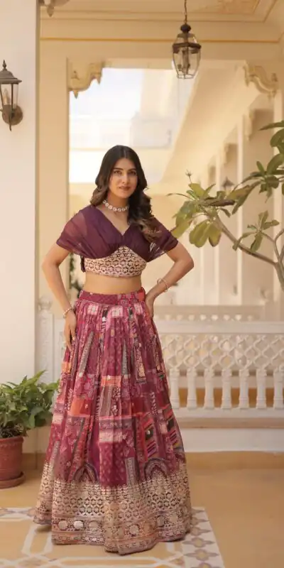 Wine Russian Silk Embroidery Work Lehenga Choli