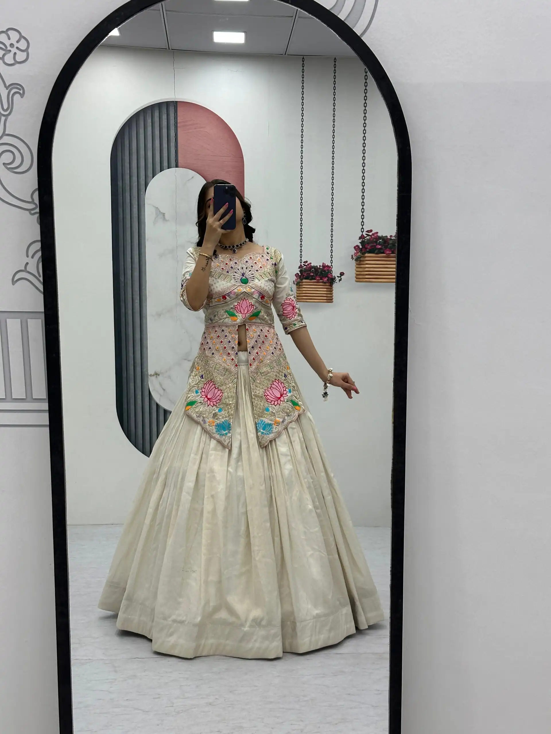 Cream Simar Cosmos Embroidery Work Lehenga Choli