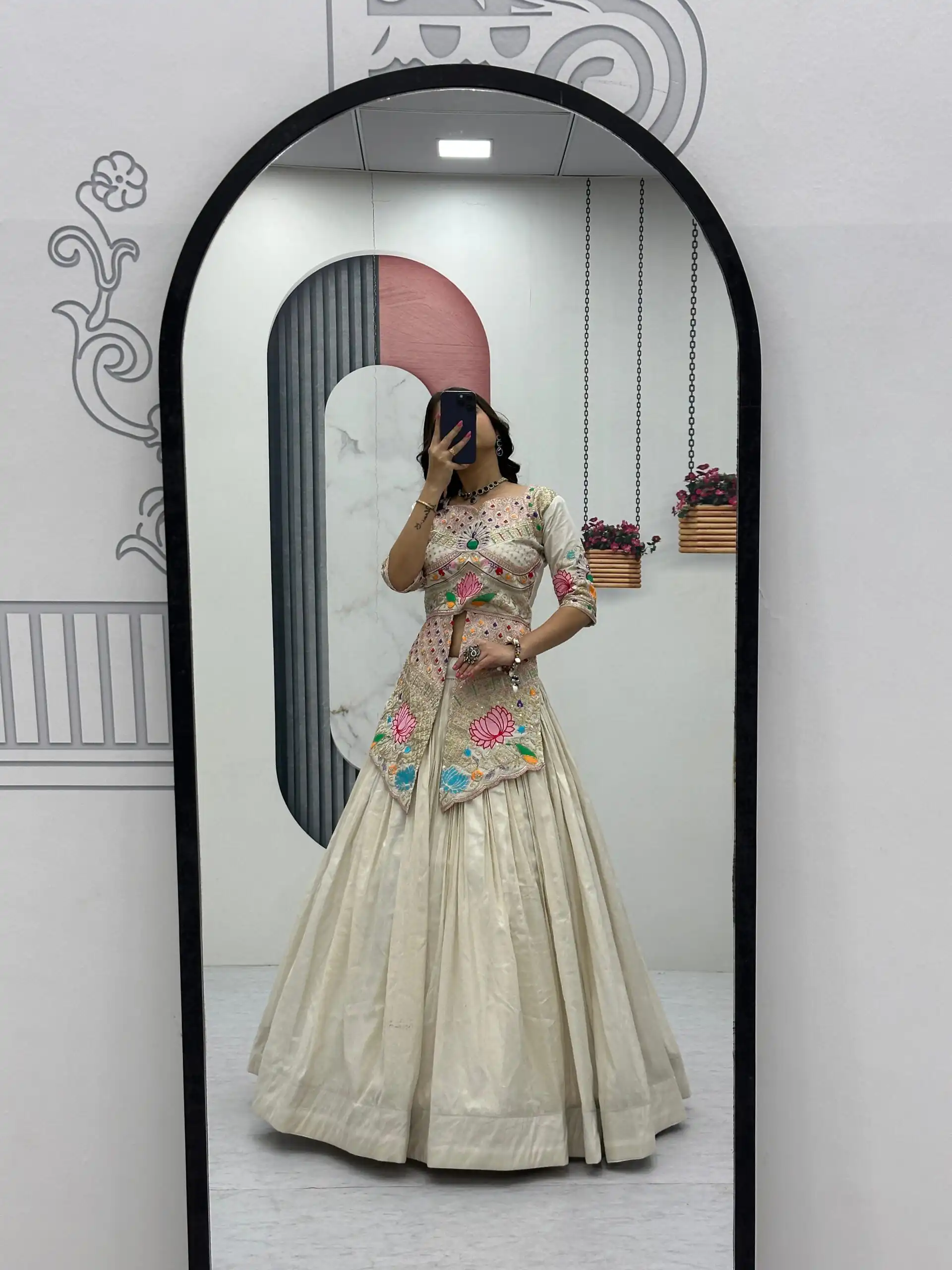 Cream Simar Cosmos Embroidery Work Lehenga Choli - Image 4