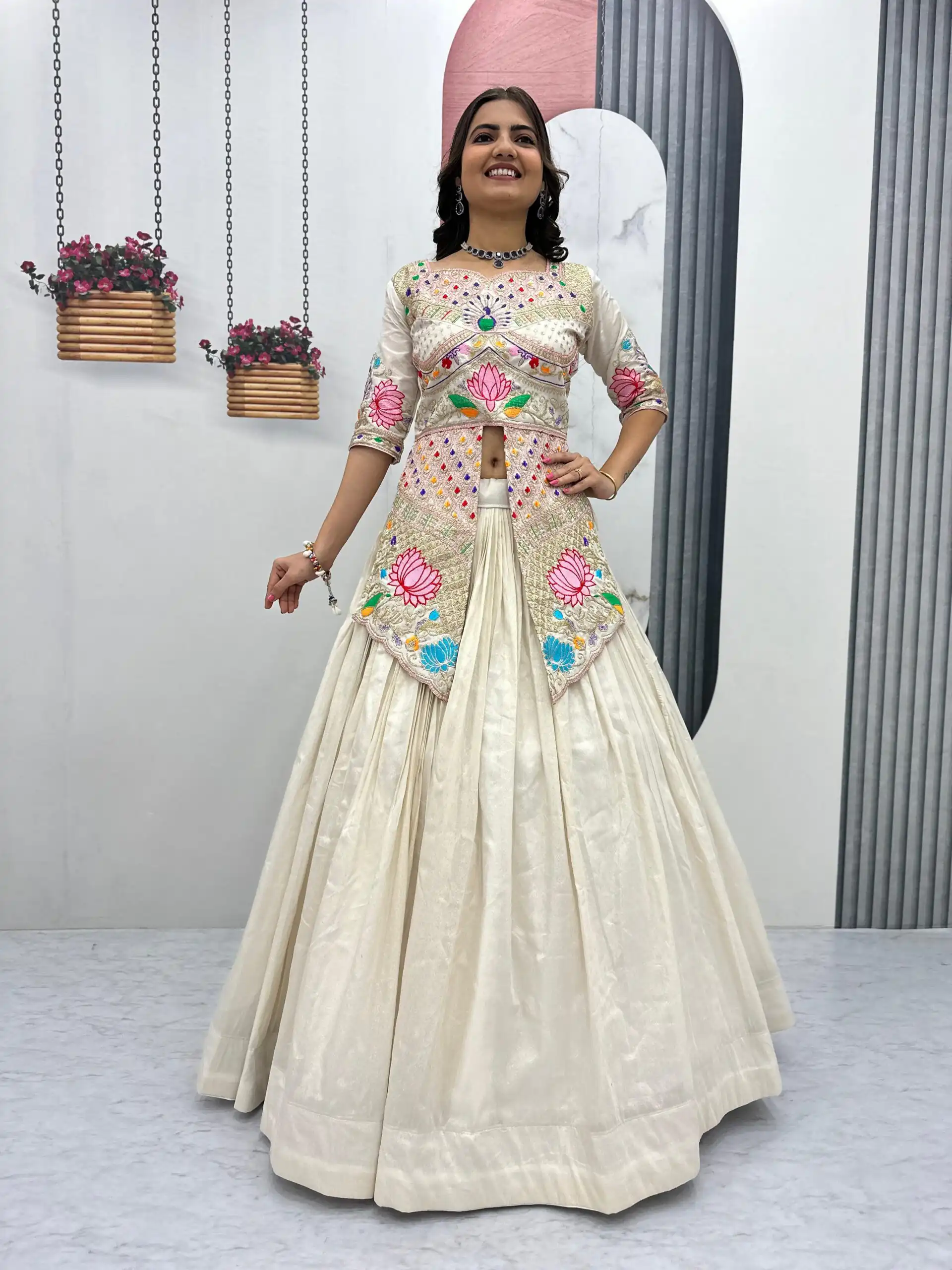 Cream Simar Cosmos Embroidery Work Lehenga Choli - Image 6