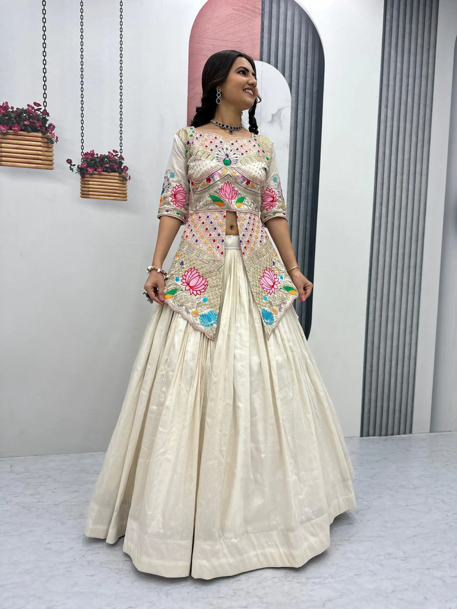 Cream Simar Cosmos Embroidery Work Lehenga Choli - Image 9