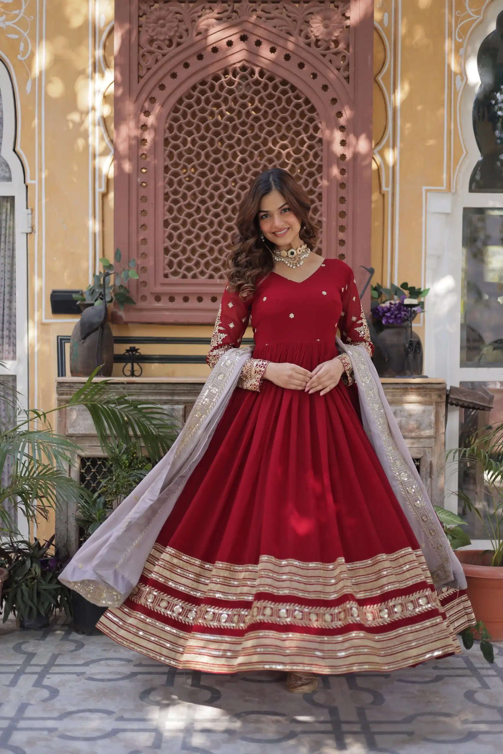 Red Faux Blooming Zari Embroidery Work Gown