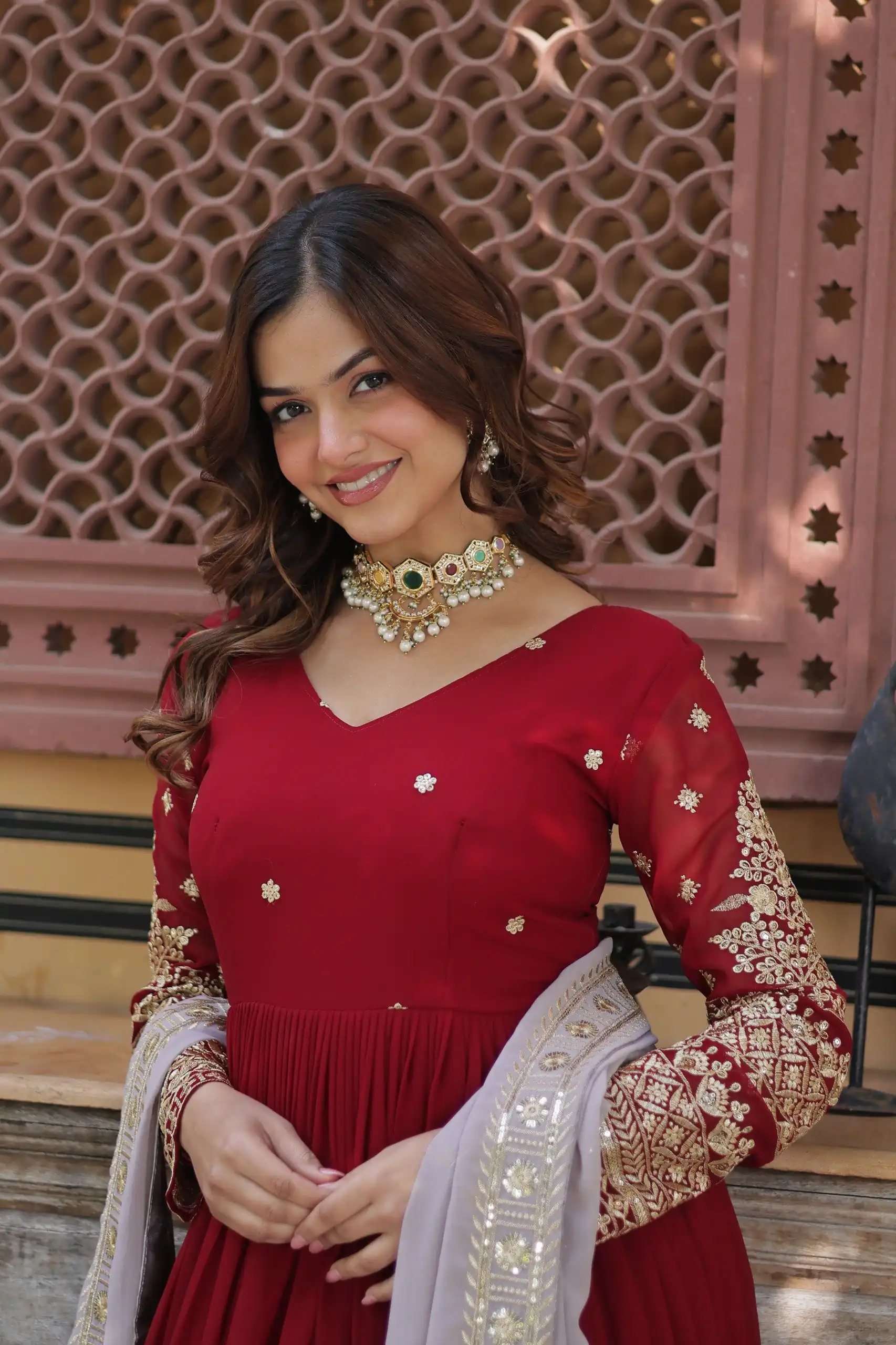 Red Faux Blooming Zari Embroidery Work Gown - Image 3