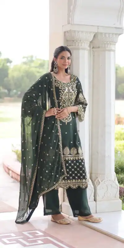Green Faux Blooming Embroidered Work Salwar Suit