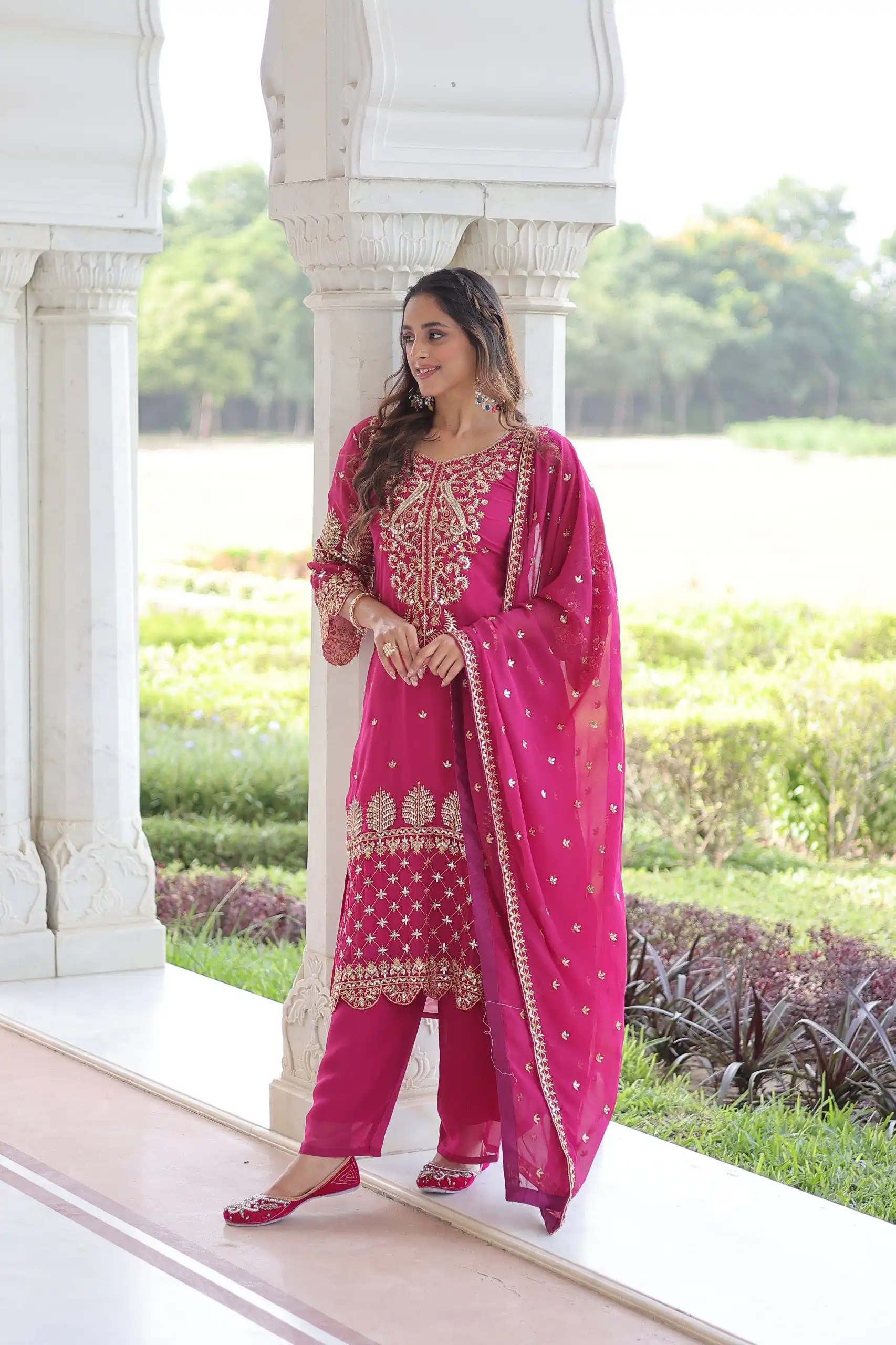 Pink Faux Blooming Embroidered Work Salwar Suit - Image 4