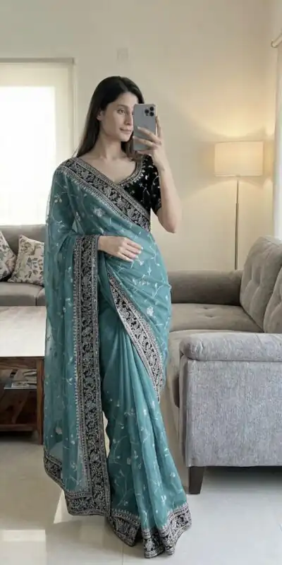 Blue Moss Silk Zari Embroidery Work Saree