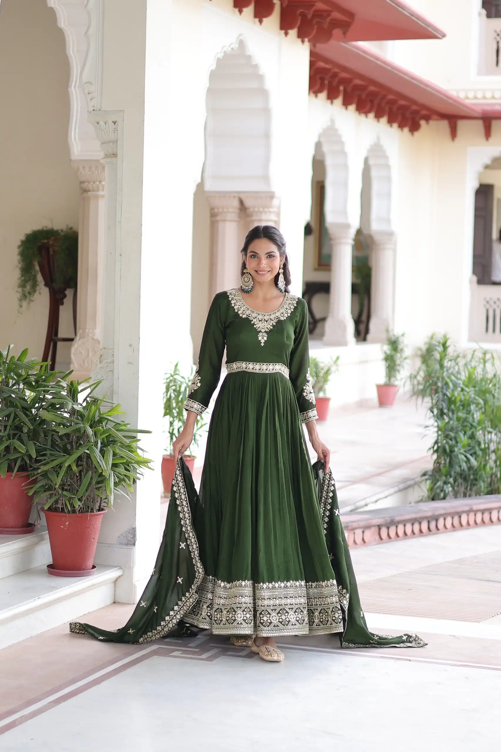 Green Vichitra Silk Embroidery Sequins Work Gown - Image 6