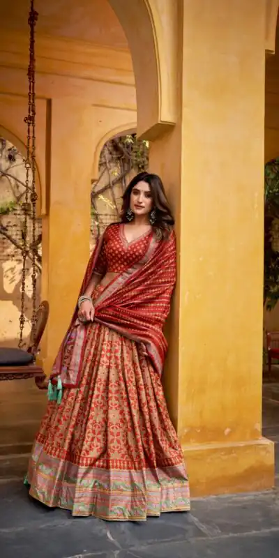 Orange Tasar Silk Gotta Patti Lace Work Lehenga Choli