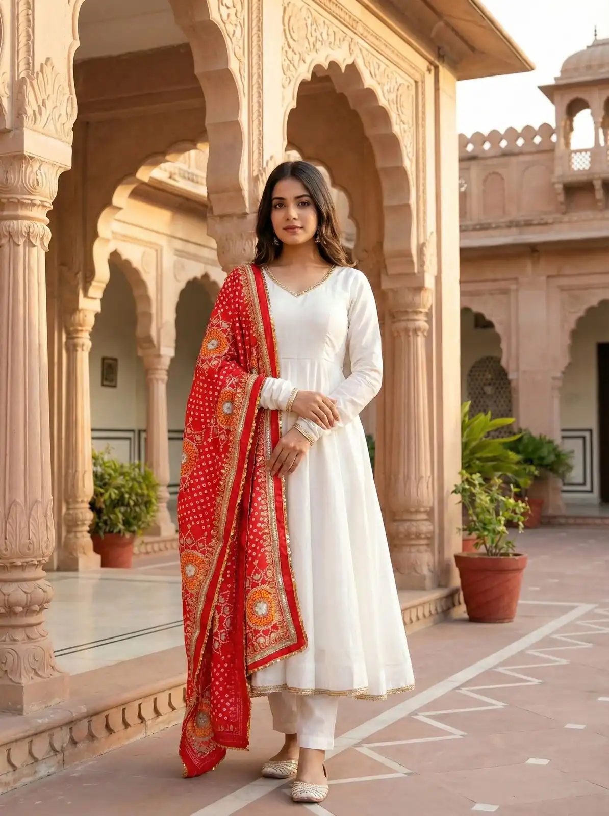 White Roman Silk Digital Print Lace Work Gown