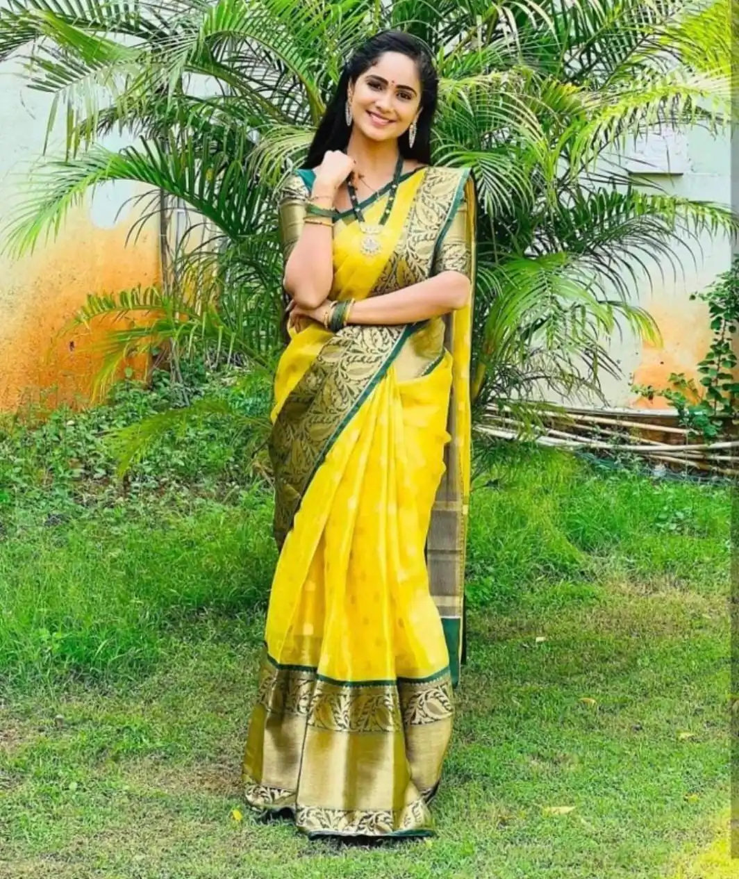 Yellow Soft Lichi Silk Lace Work Border Saree - Image 2