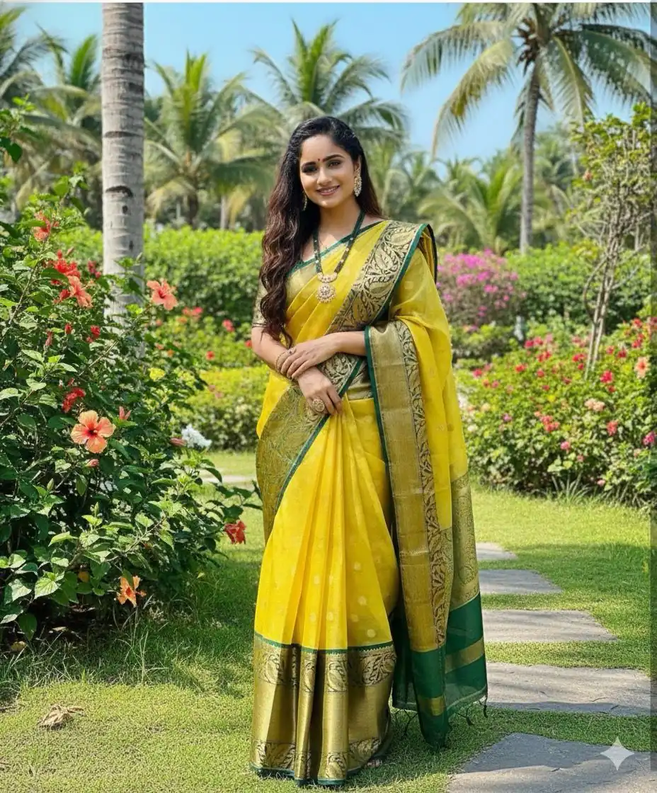 Yellow Soft Lichi Silk Lace Work Border Saree - Image 3