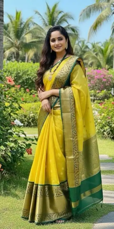 Yellow Soft Lichi Silk Lace Work Border Saree