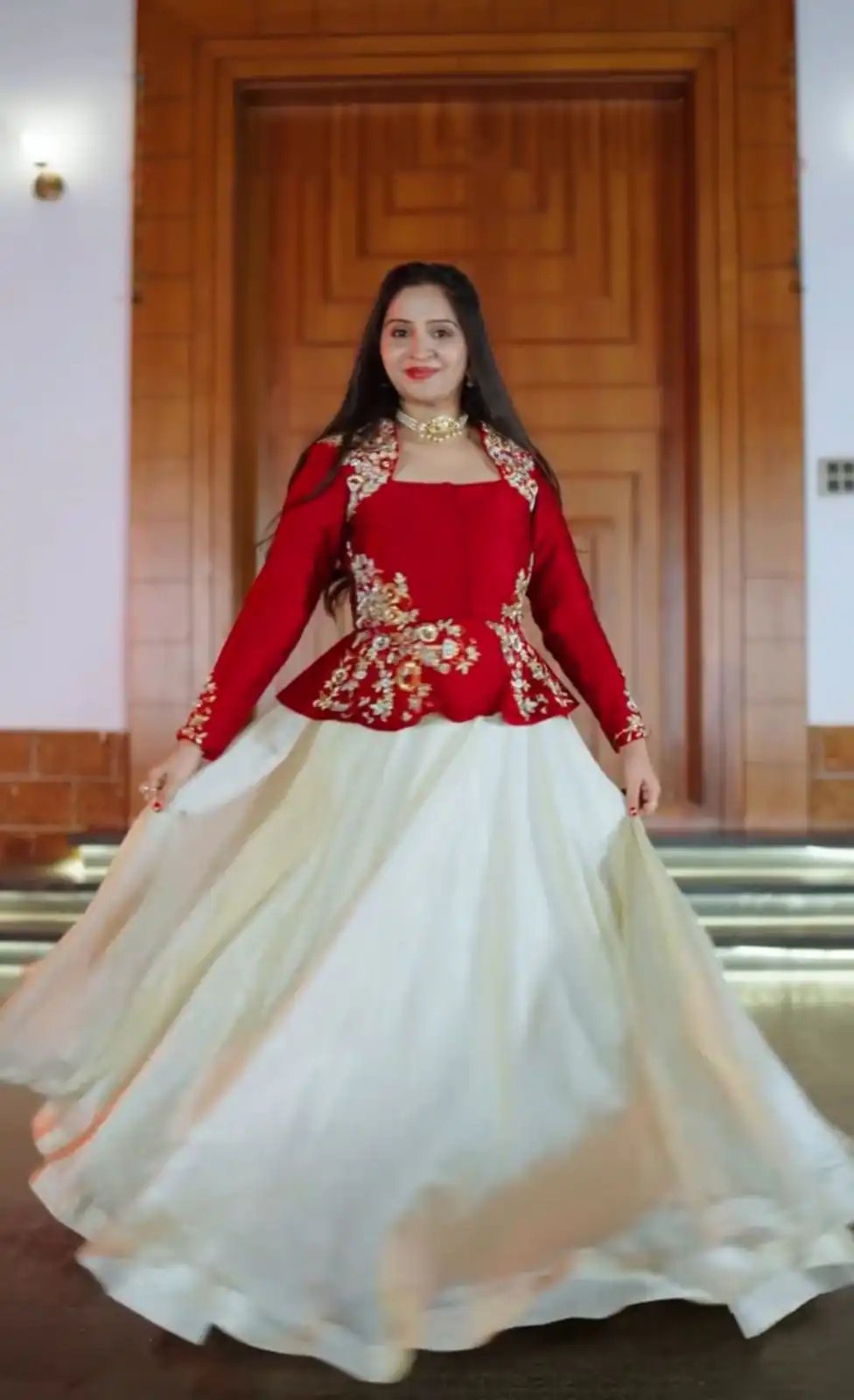 Red Chinon Embroidery Work Lehenga Choli - Image 3