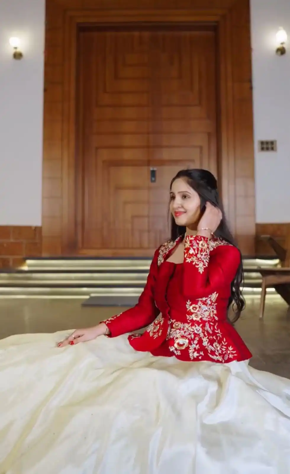 Red Chinon Embroidery Work Lehenga Choli - Image 5