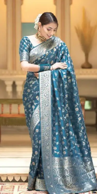 Blue Soft Lichi Silk With Jacquard Work Saree