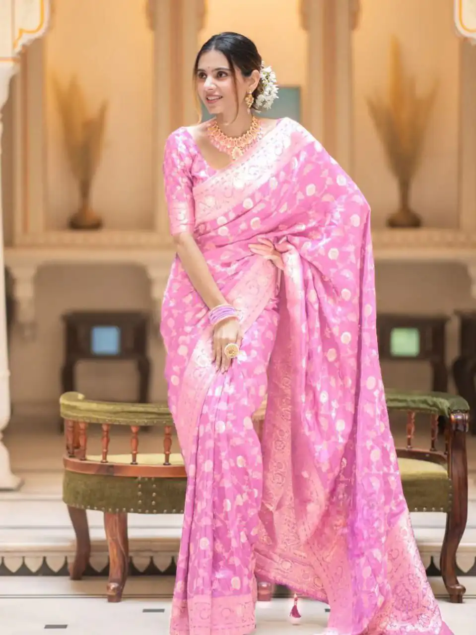 Baby Pink Soft Lichi Silk With Jacquard Work Saree