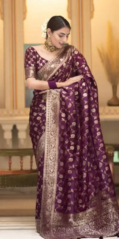 Wine Soft Lichi Silk With Jacquard Work Saree